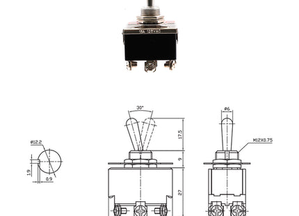 Toggle Switch Rectangular Black ON-OFF-ON DPDT 6-Pin Screw 15A 250VAC 29x18x13mm KN3(C)-203 / E-TEN1322 | HS-115 مفتاح نيكل مع برغي