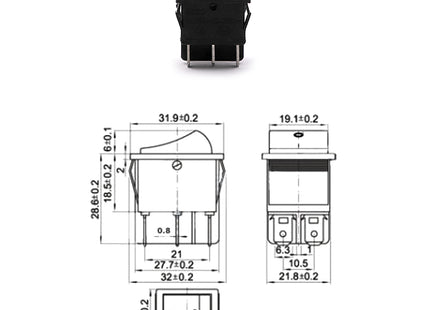 Rocker Switch Square Black 1-0-2 ON-OFF-ON DPDT 6-Pin 15-20A 125-250VAC 26x21.6x18.7mm RS-203-1C | KCD4-202 مفتاح مربع اسود