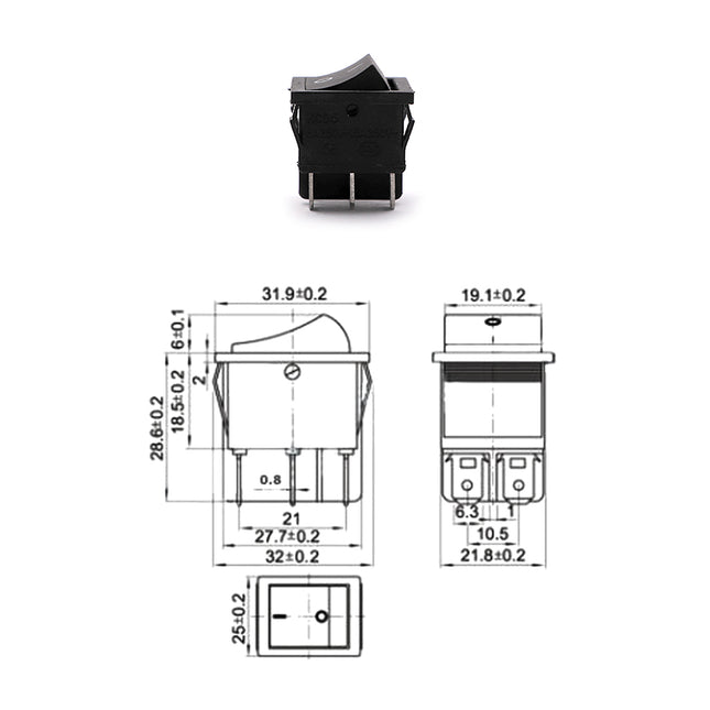 Rocker Switch Square Black 1-0-2 ON-OFF-ON DPDT 6-Pin 15-20A 125-250VAC 26x21.6x18.7mm RS-203-1C | KCD4-202 مفتاح مربع اسود