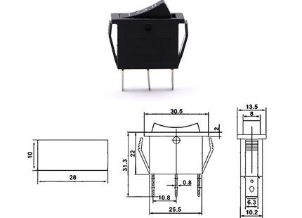 Rocker Switch Rectangular Black 1-0-2 ON-OFF-ON SPDT 3-Pin 15-20A 125-250VAC 26x21x9.8mm RS-103-3C | KCD3 مفتاح مفرد اسود