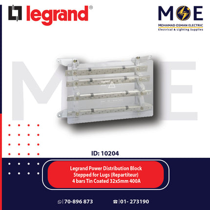 Legrand Power Distribution Block Stepped for Lugs (Repartiteur) 4 Bars Tin Coated 32x5mm 400A | 037308