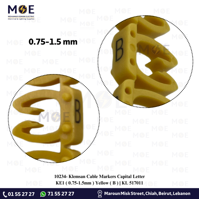 Klemsan Cable Markers Capital Letter KE1 ( 0.75-1.5mm ) Yellow ( B ) | KL 517011