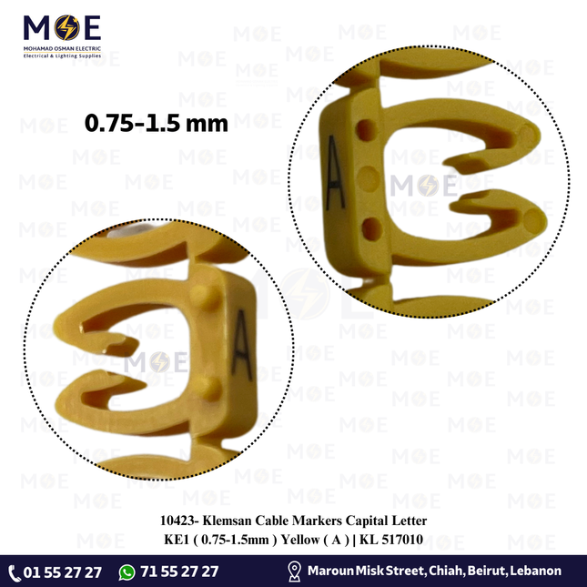 Klemsan Cable Markers Capital Letter KE1 ( 0.75-1.5mm ) Yellow ( A ) | KL 517010