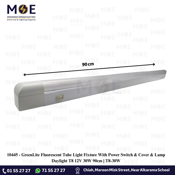 GreenLite Fluorescent Tube Light Fixture With Power Switch & Cover & Lamp Daylight T8 12V 30W 90cm | T8-30W