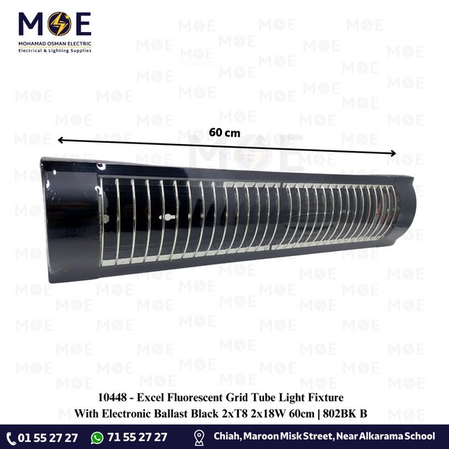 Excel Fluorescent Grid Tube Light Fixture With Electronic Ballast Black 2xT8 2x18W 60cm | 802BK B