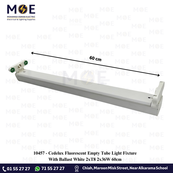 Cedelux Fluorescent Empty Tube Light Fixture With Ballast White 2xT8 2x36W 60cm