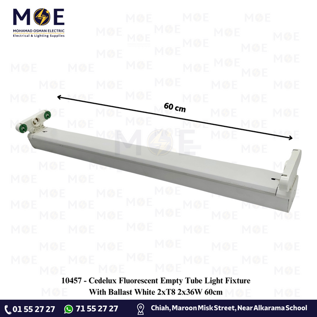 Cedelux Fluorescent Empty Tube Light Fixture With Ballast White 2xT8 2x36W 60cm