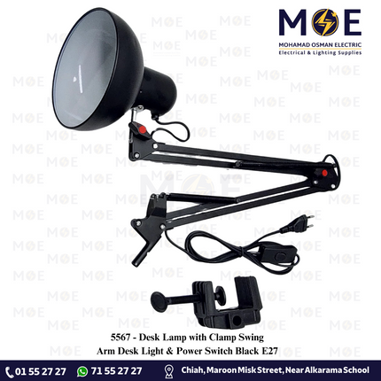 Desk Lamp with Clamp Swing Arm Desk Light & Power Switch White E27