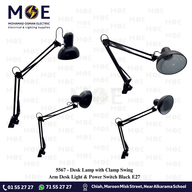Desk Lamp with Clamp Swing Arm Desk Light & Power Switch White E27