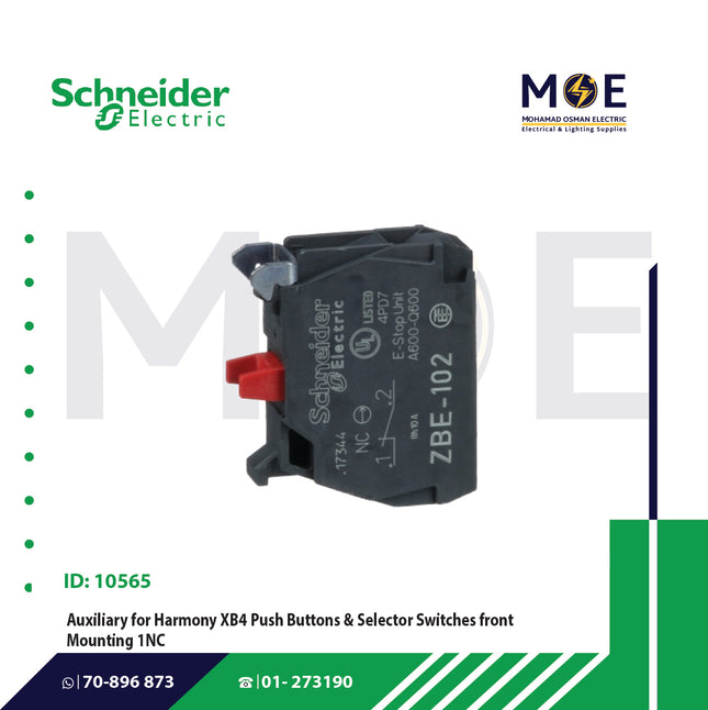 Schneider Auxiliary for Harmony XB4 Push Buttons & Selector Switches front Mounting 22mm 1NC | ZBE102 | مساعد مفتاح صناعي و كباس - اكزليير