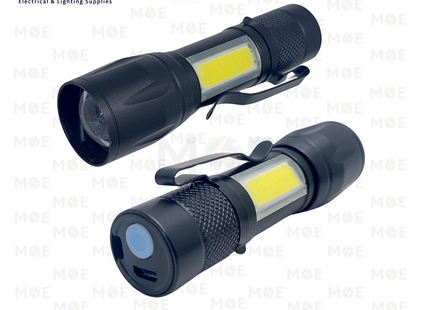 LED Flashlight Lamp Torch with Clip 3 Mode Zoomable Lamp Built in Battery with Box USB Charging XPE+COB | انتريك ليد يدوي تشريج مع علبة صغير