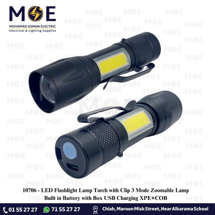 LED Flashlight Lamp Torch with Clip 3 Mode Zoomable Lamp Built in Battery with Box USB Charging XPE+COB