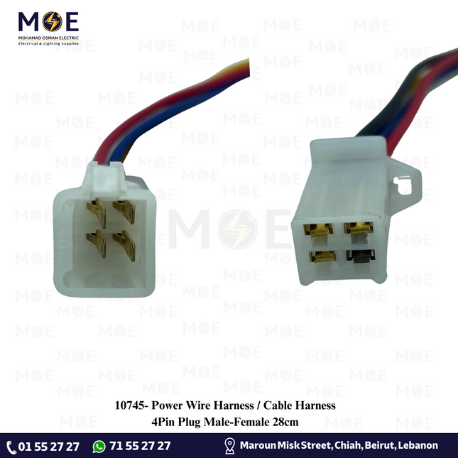 Power Wire Harness / Cable Harness 4Pin Plug Male-Female 28cm