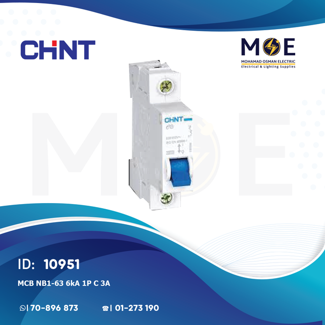 Chint MCB NB1-63 6kA 1P C 3A | 131055-180297 | دجنتور كهرباء مفرد - قاطع كهربائي