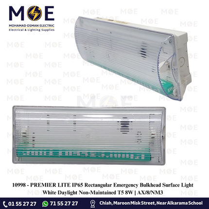 PREMIER LITE IP65 Rectangular Emergency Bulkhead Surface Light White Daylight Non-Maintained T5 8W | AX/8/NM3