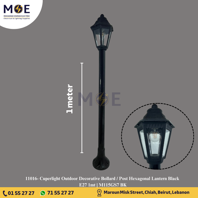 Cuperlight Outdoor Decorative Bollard / Post Hexagonal Lantern Black E27 1mt | M115GS7 BK