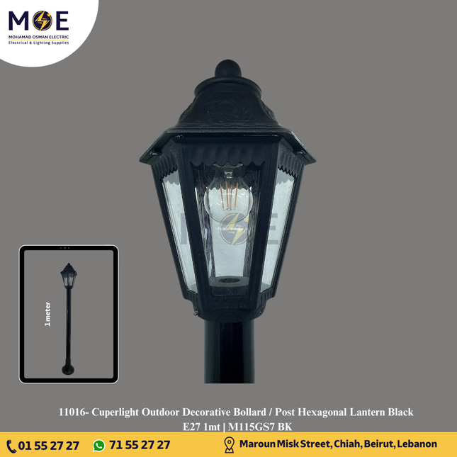 Cuperlight Outdoor Decorative Bollard / Post Hexagonal Lantern Black E27 1mt | M115GS7 BK | فانوس عامود اسود