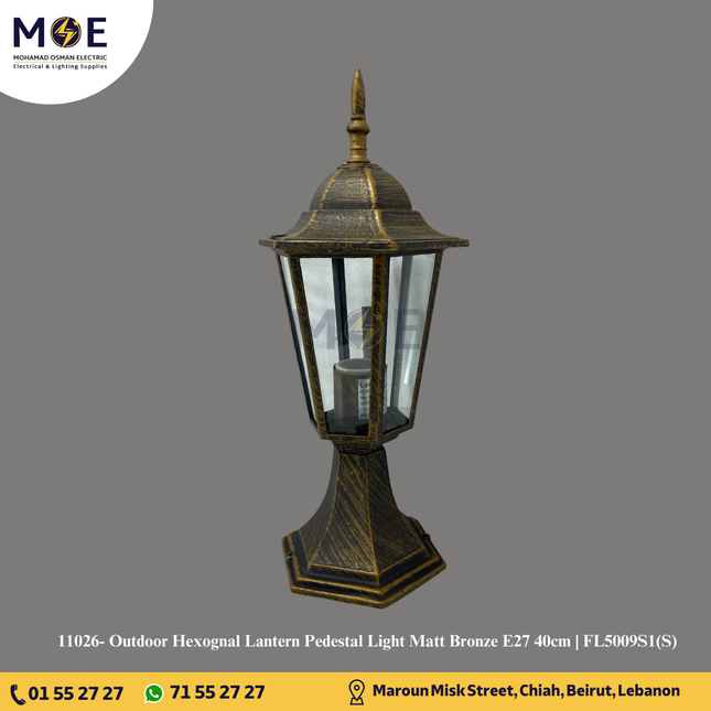 Outdoor Hexognal Lantern Pedestal Light Matt Bronze E27 40cm | FL5009S1(S)