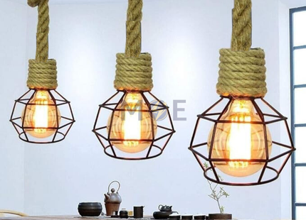 Vintage Iron Cage Hemp Rope Pendant Light E27 | A32 | تنزيلة شبك حبلة اسود