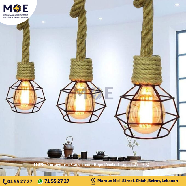 Vintage Iron Cage Hemp Rope Pendant Light E27 | A32 | تنزيلة شبك حبلة اسود