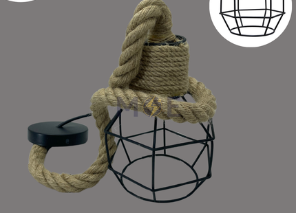 Vintage Iron Cage Hemp Rope Pendant Light E27 | A32 | تنزيلة شبك حبلة اسود