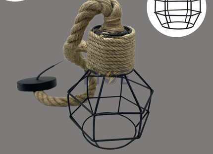 Vintage Iron Cage Hemp Rope Pendant Light E27 | A32 | تنزيلة شبك حبلة اسود