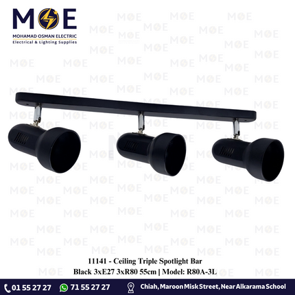 Ceiling Triple Spotlight Bar Black 3xE27 3xR80 55cm | Model: R80A-3L