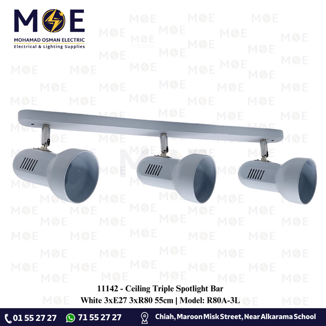 Ceiling Triple Spotlight Bar White 3xE27 3xR80 55cm | Model: R80A-3L