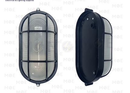 Waterproof Oval Bulkhead Lamp Wall Surface Light With Grid Small Size Black E27 | هيبلو حائط فارغ مطري مع شبك اسود حجم صغير