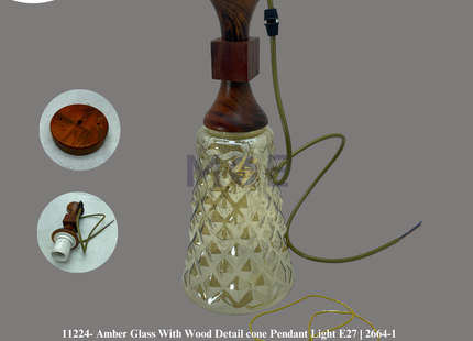 Amber Glass With Wood Detail cone Pendant Light E27 | 2664-1 | تنزيلة مفردة خشب زجاج عسلي