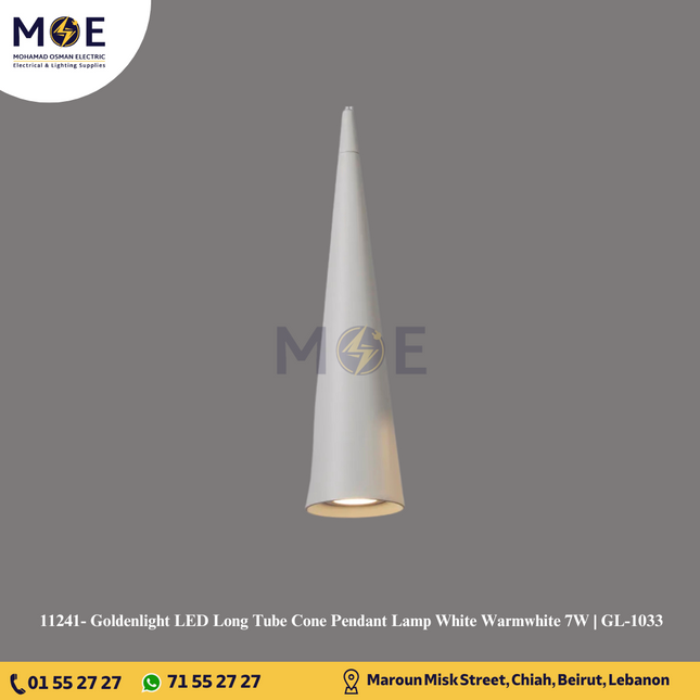 Goldenlight LED Long Tube Cone Pendant Lamp White Warmwhite 7W | GL-1033