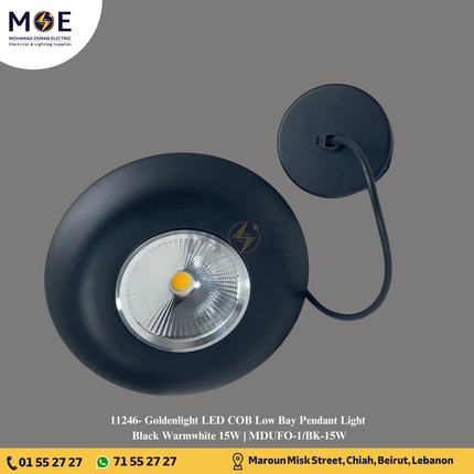 Goldenlight LED COB Low Bay Pendant Light Black Warmwhite 15W | MDUFO-1/BK-15W | تنزيلة ليد هاي باي اسود ورم وايت