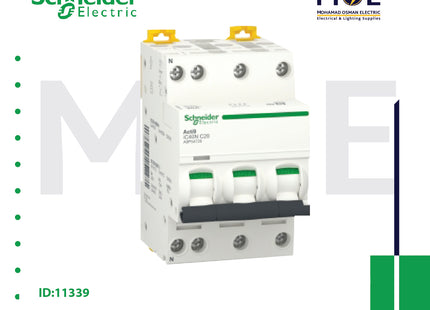 Schneider MCB IC40N 6kA C 3P+N 20A DPN | A9P54720 | دجنتور مجوز بقطبين وحيادي - قاطع كهربائي ثنائي القطب مع حيادي