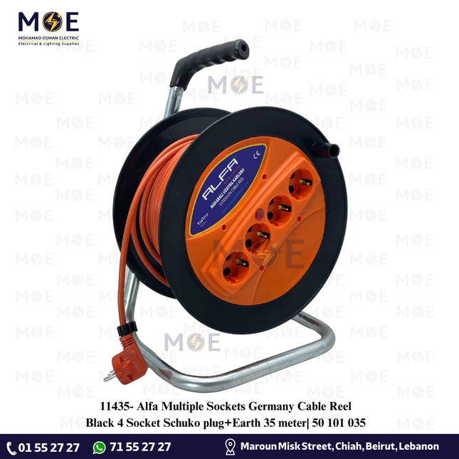 Alfa Multiple Sockets Germany Cable Reel Black 4 Socket Schuko plug+Earth 35 meter| 50 101 035 | بكرة صناعية كادر بريز مربع شوكو مع شريط اسود