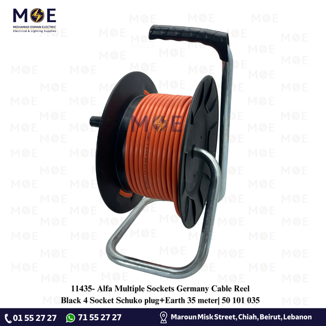 Alfa Multiple Sockets Germany Cable Reel Black 4 Socket Schuko plug+Earth 35 meter| 50 101 035 | بكرة صناعية كادر بريز مربع شوكو مع شريط اسود