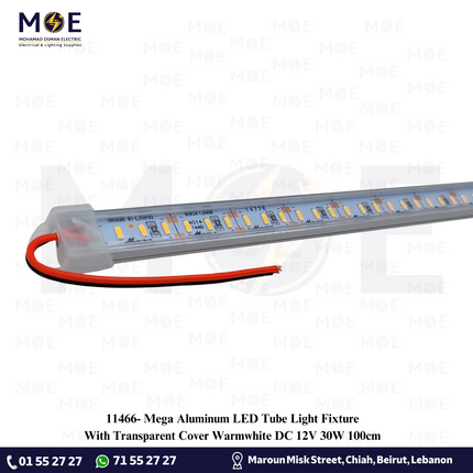 Mega Aluminum LED Tube Light Fixture With Transparent Cover Warmwhite DC 12V 30W 100cm