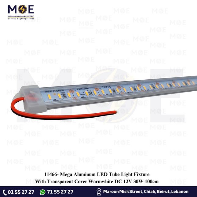 Mega Aluminum LED Tube Light Fixture With Transparent Cover Warmwhite DC 12V 30W 100cm