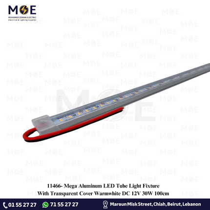 Mega Aluminum LED Tube Light Fixture With Transparent Cover Warmwhite DC 12V 30W 100cm