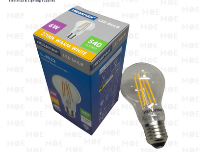 Megaman A60 LED Lamp Clear Filament Bulb WarmWhite 2700K E27 6W 540Lm | A60 | لمبة ليد برم فيلامنت شفاف ورم وايت