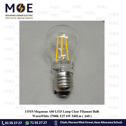 Megaman A60 LED Lamp Clear Filament Bulb WarmWhite 2700K E27 6W 540Lm | A60