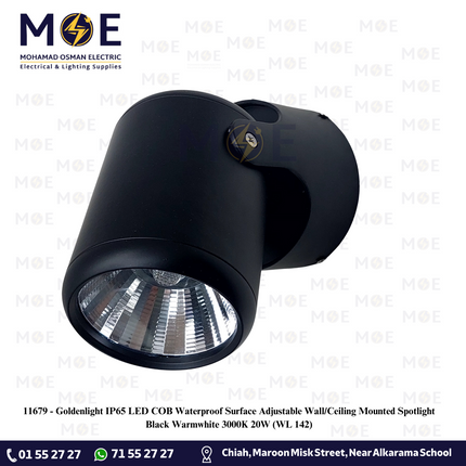 Goldenlight IP65 LED COB Waterproof Surface Adjustable Wall/Ceiling Mounted Spotlight Black Warmwhite 3000K 20W | WL 142