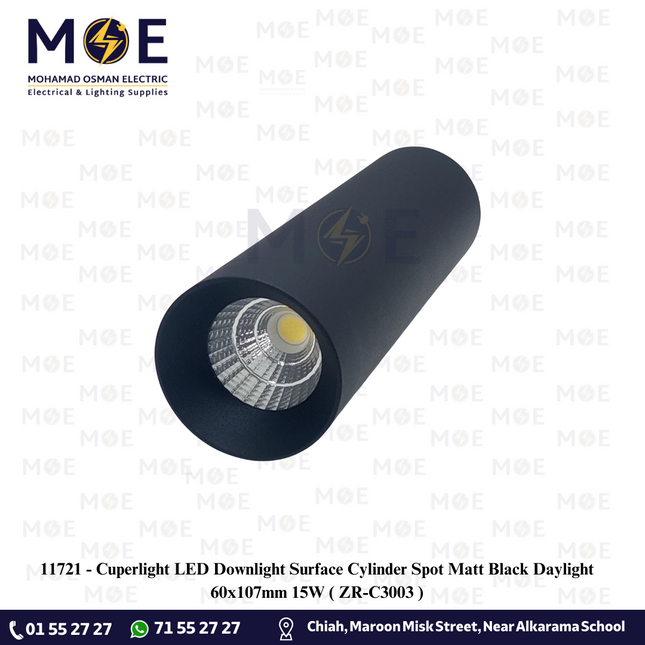 Cuperlight LED Downlight Surface Cylinder Spot Matt Black Daylight 60x107mm 15W |  ZR-C3003