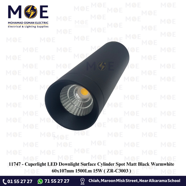 Cuperlight LED Downlight Surface Cylinder Spot Matt Black Warmwhite 60x107mm 1500Lm 15W |  ZR-C3003