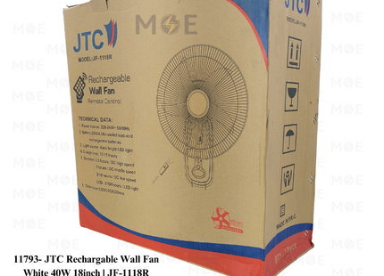 JTC Rechargeable Wall Fan with Remote Control & 4 Pieces LED & Timer White 40W 18inch | JF-1118R | مروحة حائط تشريج مع ضوء ليد خمس فراشات ابيض