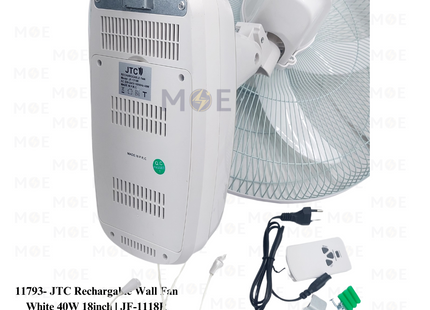 JTC Rechargeable Wall Fan with Remote Control & 4 Pieces LED & Timer White 40W 18inch | JF-1118R | مروحة حائط تشريج مع ضوء ليد خمس فراشات ابيض