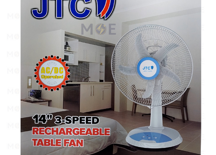 JTC Rechargeable Table fan with 4 Pieces LED & Timer & USB Port White 14inch | JF-5401B | مروحة طاولة تشريج مع ضوء ليد خمس فراشات ابيض
