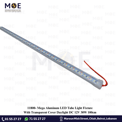 Mega Aluminum LED Tube Light Fixture With Transparent Cover Daylight DC 12V 30W 100cm