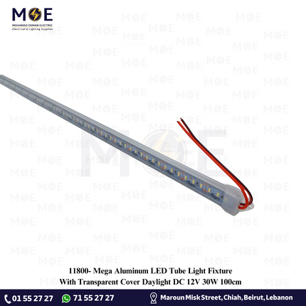 Mega Aluminum LED Tube Light Fixture With Transparent Cover Daylight DC 12V 30W 100cm