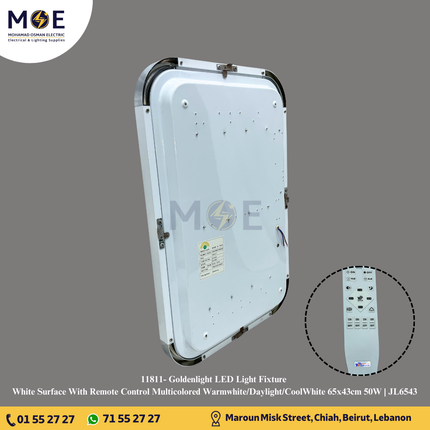 Goldenlight LED Panel Light Fixture White Surface With Remote Control Multicolored Warmwhite/Daylight/CoolWhite 65x43cm 50W | JL6543 | شاسي ليد ظاهر مستطيل مع ريموت كونترول ابيض ورم وايت/كول وايت/دايلايت