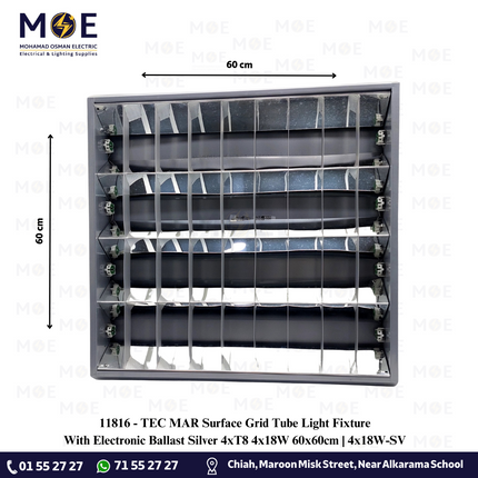 TEC MAR Surface Grid Tube Light Fixture With Electronic Ballast Silver 4xT8 4x18W 60x60cm | 4x18W-SV